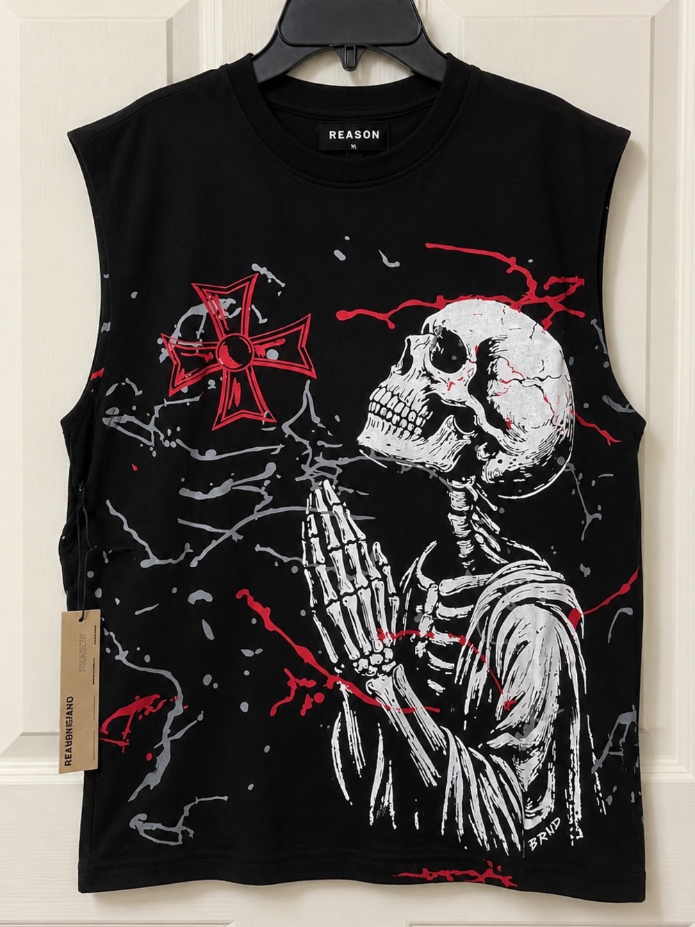 NWT Reason Brand Praying Skeleton Graphic Muscle Tee Black XL